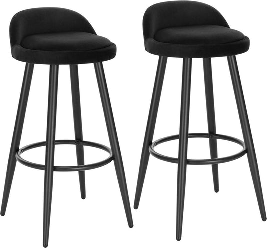 Barkruk – Barkrukken Set van 2 – Barkruk met Rugleuning – Bar Stool –Zitvlak Fluweel- Barkrukken met Voetensteun –  Zithoogte 69,5 cm - Anthracite Leather