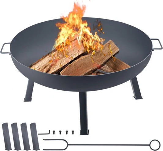 Vuurkorf - Vuurkorfkom - 30 Inch Diep - Vuurkorf van Koolstofstaal - Draagbaar - Houtkachel voor Buiten in de Achtertuin/op de Camping - Verwarming met Afvoergat - Zwart
