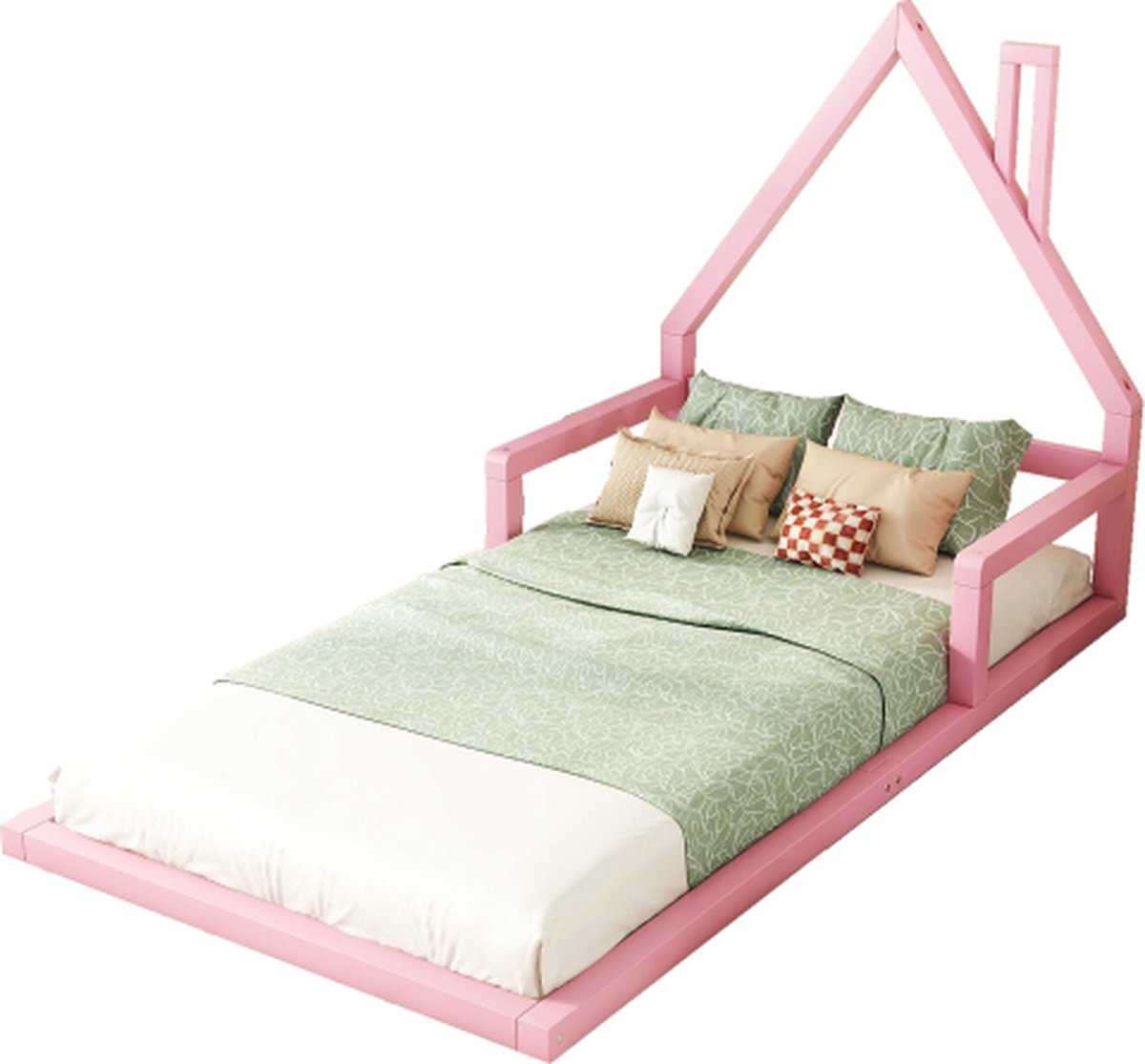 Kinderbed - Plat Bed - Huisvorm - Massief Grenen - Eenvoudige Vorm - 90*200 cm - Roze