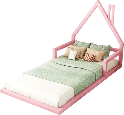 Kinderbed - Plat Bed - Huisvorm - Massief Grenen - Eenvoudige Vorm - 90*200 cm - Roze