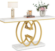 Moderne Console Tafel - Dressoirtafel met Geometrische Metalen Poten - Bijzettafel - Nep-Marmer Metaal - Wit en Goud - 140 x 35 x 80 cm