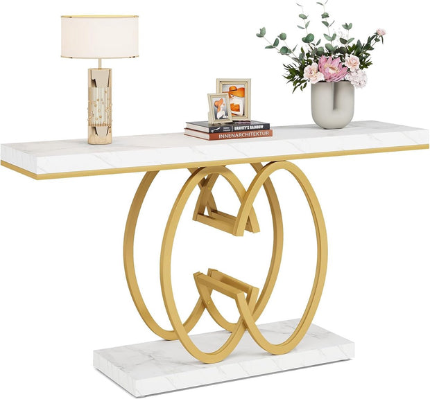 Moderne Console Tafel - Dressoirtafel met Geometrische Metalen Poten - Bijzettafel - Nep-Marmer Metaal - Wit en Goud - 140 x 35 x 80 cm