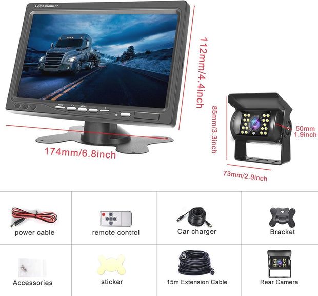Achteruitrijcamera met 7 inch LCD-monitor - Nachtzicht, Waterdicht, Geschikt voor Auto's, Vrachtwagens en Campers