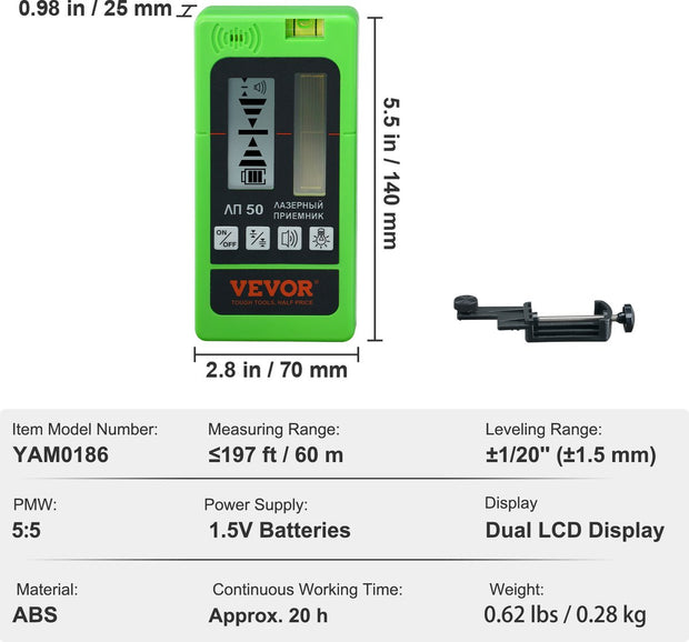 Professionele Laser Detector - Pulse Kruislijnlaser - ±1,5 mm Waterpas Bereik - 1,5 V Batterijen - 20 uur Bedrijfstijd - Dubbel LCD-display met Achtergrondverlichting