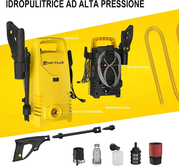 Waterspuwer - Spuitpistool - Hogedrukspuit - Hogedrukreiniger - 380l/h - 1600W - 110bar - Geel - 7M
