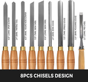 Houtdraaibankbeitel - 8-Delige Beitelsset - HSS Stalen Messen - Ergonomisch Ontwerp Biedt - voor Houtbewerking, Draaibanken - Snijwerkprojecten - 45x32x4.2cm