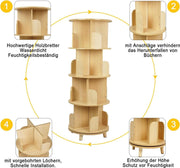 Roterende Boekenkast - Staand rek - Houten Planken - 360 Graden Boekenplanken - 4 Verdiepingen - Kinderen en Volwassenen