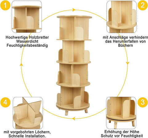Roterende Boekenkast - Staand rek - Houten Planken - 360 Graden Boekenplanken - 4 Verdiepingen - Kinderen en Volwassenen