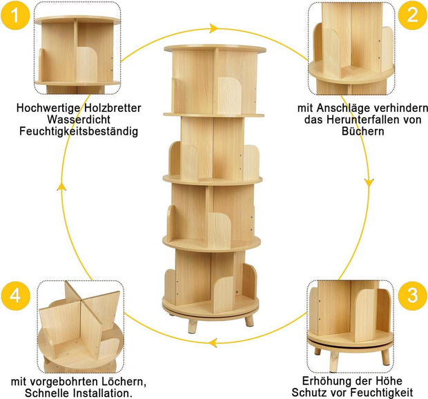 Roterende Boekenkast - Staand rek - Houten Planken - 360 Graden Boekenplanken - 4 Verdiepingen - Kinderen en Volwassenen