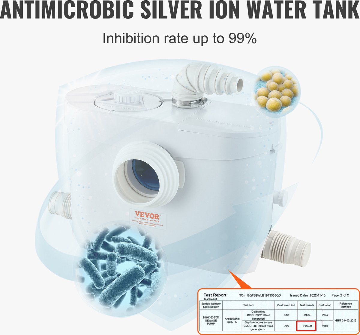 Beschermenderioolpomp - 10m Opvoerhoogte - 99% Effectief Antimicrobieel - Met 3 Waterinlaten - 700EW - 9600l/U Flow - Geen Onderhoud - Olie Die Bestand Is Tegen Heet Water - Voor Toilet - Kelder - Keuken