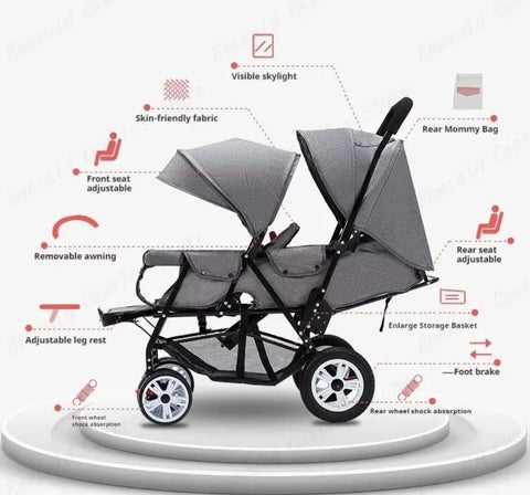 Duo stroller - Duo buggy - Twin stroller - Double stroller - Foldable - With rain cover - Black