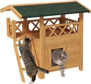 Kattenhuis - voor Buiten – Duurzaam Houten Hok - met 2 Verdiepingen – Ruime Kooi - Bench en Ren – Weerbestendig en Comfortabel – Bruin