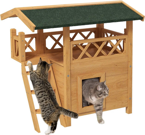 Kattenhuis - voor Buiten – Duurzaam Houten Hok - met 2 Verdiepingen – Ruime Kooi - Bench en Ren – Weerbestendig en Comfortabel – Bruin