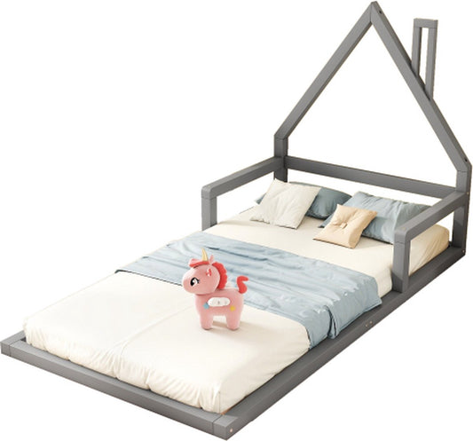 Kinderbed - Plat Bed - Huisvorm - Massief Grenen - Eenvoudige Vorm - 90*200 cm - Grijs