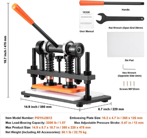 Snijmachine P7 - Premium Embossing - Tot 1500kg - Pons Machine - Leerbewerking - Duurzaam en Robuust - Ergonomisch Ontwerp - Plaat 26x12cm - Papier - Rubber - Textiel