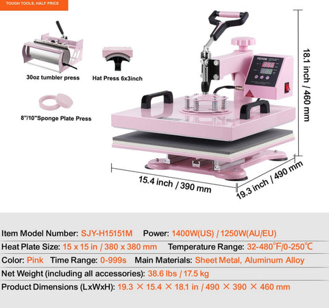 Hittepers - Roldruk - 38x38CM 5 in 1 - Geschikt voor T-shirts - Kussenslopen - Hoeden - Mokken - Keramische Borden - Roze