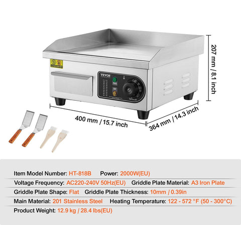 Commerciële elektrische grill - Countertop grill - 10mm plat - 2000W - voor thuis en commercieel gebruik