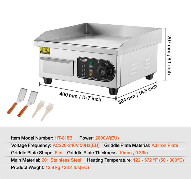 Commerciële elektrische grill - Countertop grill - 10mm plat - 2000W - voor thuis en commercieel gebruik