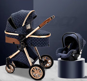 Kinderwagen 3 in 1 - Kinderwagen - Bedje - Buggy - Autostoel - Opvouwbaar - Aluminium frame - Blauw - Goud - Bruin
