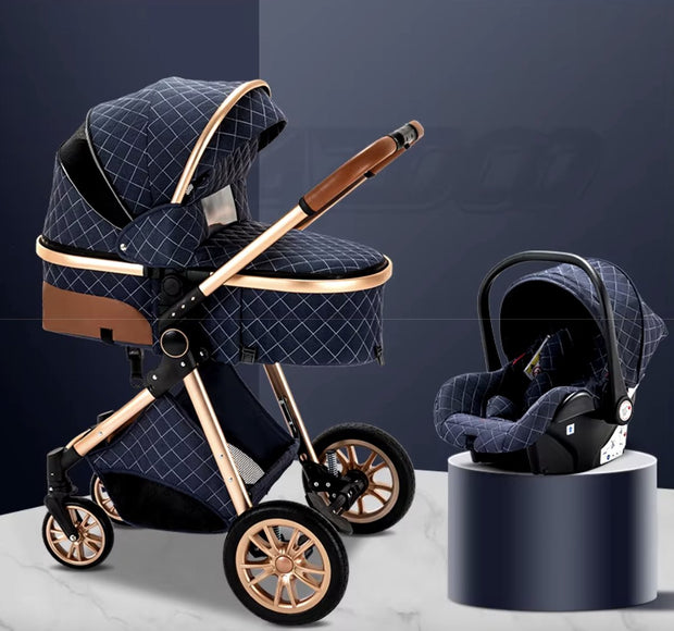 Kinderwagen 3 in 1 - Kinderwagen - Bedje - Buggy - Autostoel - Opvouwbaar - Aluminium frame - Blauw - Goud - Bruin