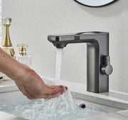 Washbasin Tap - Sensor control - Brushed gray - Digital LCD display - Cold and hot water - Mixer tap