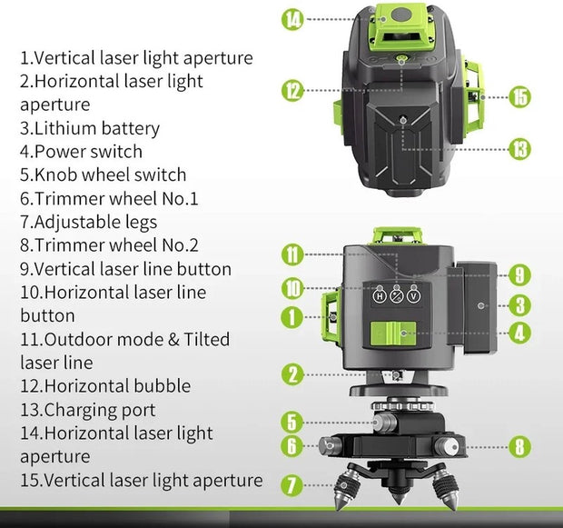 Kruislijnlaser - Lijnlaser - Waterpaslaser - Bouwlaser - Interieurlaser - Bouwvaklaser - Tegellaser - 16 stralen - 360 graden - 4D - 3D - 30 Meter - Koffer - Afstandsbediening - Accu Oplader - Opzet - Beugel/Steun - Clip - Handleiding - 2x Accu