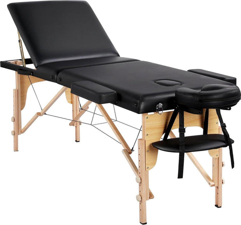 Folding massage table with wooden legs and height adjustment - Carrying bag and accessories - Cosmetic lounger