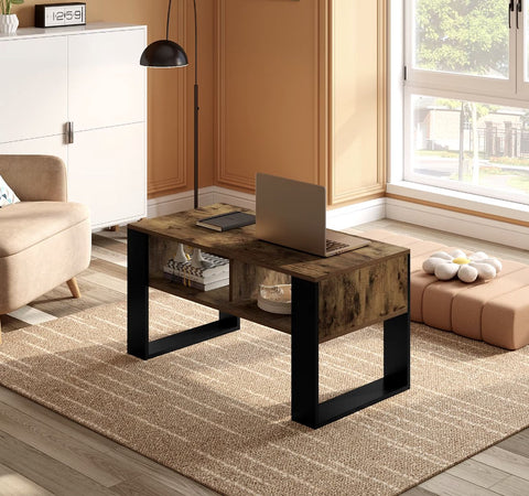 Salontafel - Rechthoek salontafel - Bijzettafel - Industrieel - 2 vakken - Hout - Melamine fineer - Rustic brown