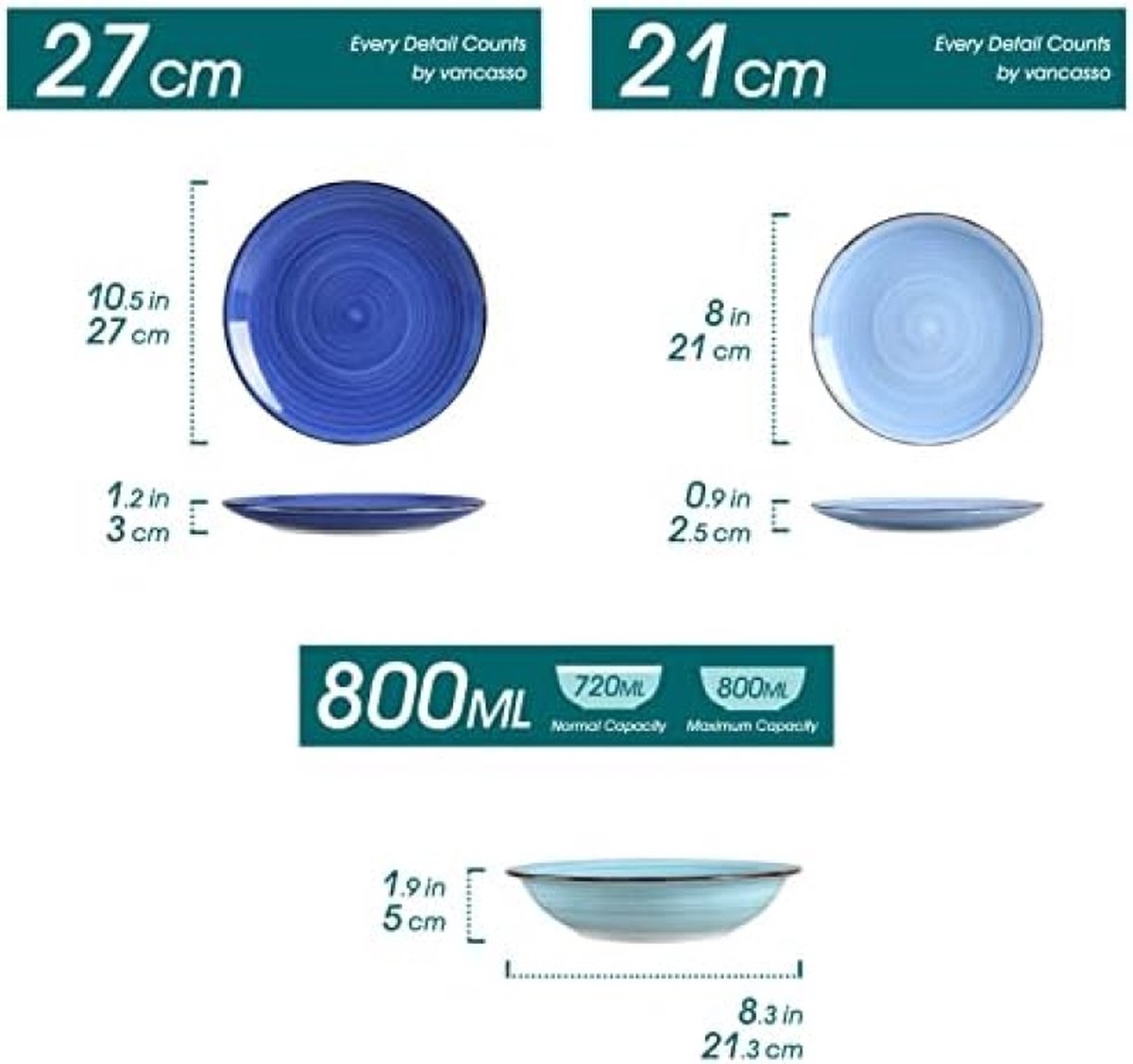 Tafelservies - 18-delig Combiservies - Eetserviesset voor 6 Personen - 6 Platte Borden - Soepborden en Dessertborden - Blauw
