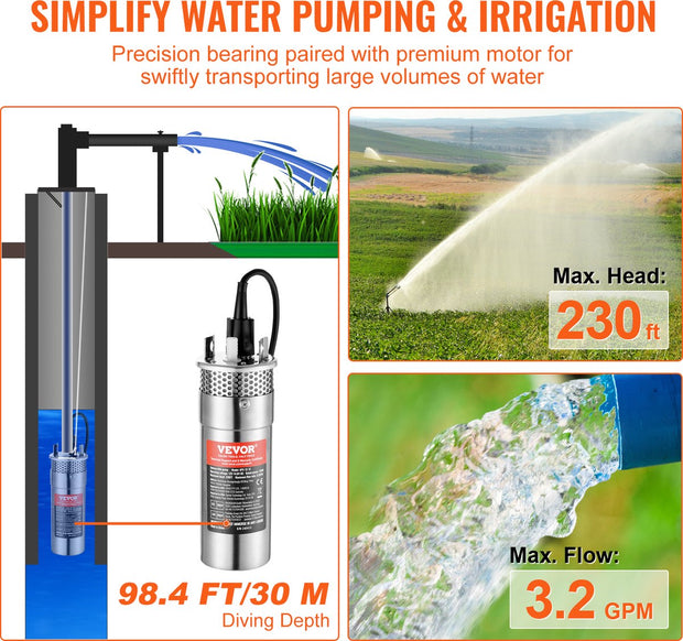 Zonne-Waterpomp - 20W - Stroom 15L/min - Opvoerhoogte 70 m - met 3 m Stroomkabel - Beschermingsgraad IP68 - voor Putten -  Boerderijirrigatie - Boerderijdieren Water Geven - Zilver