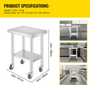 Commerciële Keukentafel - 2 Planken - Roestvrij Staal - 150kg Laadvermogen - Voedselbereidingstafel met Vier 360 Graden Roterende Wielen - Verstelbare Onderplank - 61 x 46 x 86 cm - Zilver