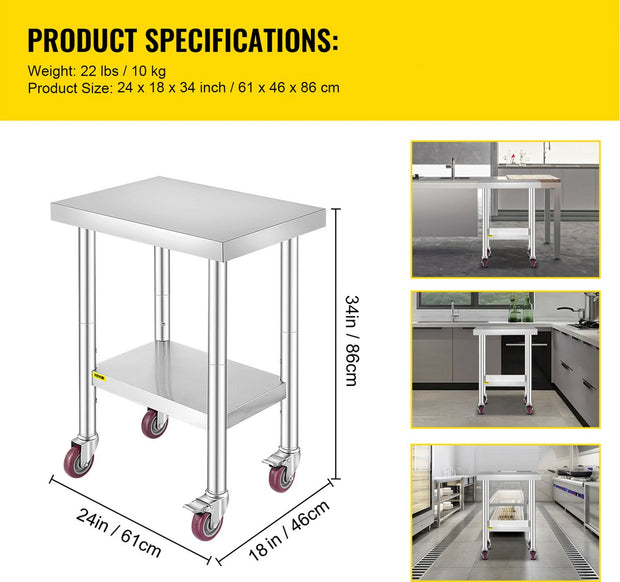 Commerciële Keukentafel - 2 Planken - Roestvrij Staal - 150kg Laadvermogen - Voedselbereidingstafel met Vier 360 Graden Roterende Wielen - Verstelbare Onderplank - 61 x 46 x 86 cm - Zilver