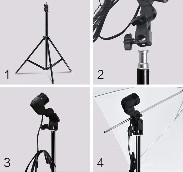 Fotostudio Softbox Verlichtingskit met Achtergrondframe - Achtergrondsysteem - Studio Fotografie - Inclusief 3 Achtergronden, Statief, Reflectorbord en 4 Paraplu's - Complete Set