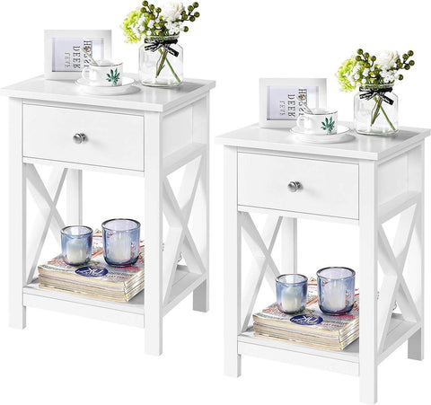 Nachtkastjes set - 1 lade - open opbergvak - X-vormige steunpoten - moderne houten bijzettafel - slaapkamer/woonkamer - 40 × 30 × 55 cm