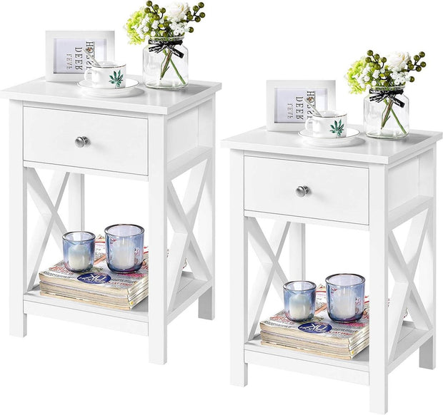 Nachtkastjes set - 1 lade - open opbergvak - X-vormige steunpoten - moderne houten bijzettafel - slaapkamer/woonkamer - 40 × 30 × 55 cm