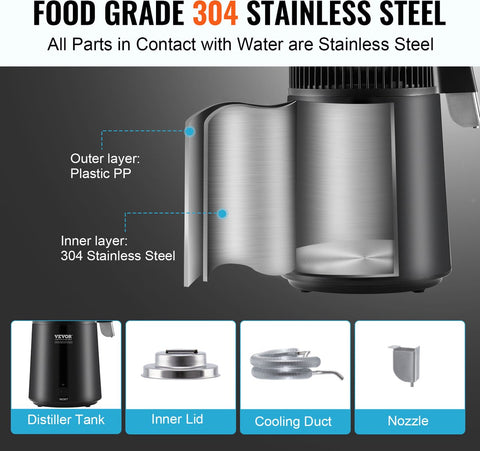 Waterdistilleerapparaat-1 L/uur-4L -  Distilleerapparaat roestvrij staal - 750W - Distilleerapparaat met één - Temperatuurdisplay - Reinigingspoeder voor - Glazen karaf 3 - Koolstofpakketten - Zwart