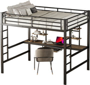 Kinderbed - Zonder Matras - Zonder Stoel - Metalen Bedframe met Bureau en Twee Boekenplanken - Geschikt voor Kinderen - Tieners en Volwassenen - 140x200 cm - Zwart