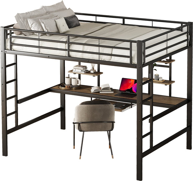 Kinderbed - Zonder Matras - Zonder Stoel - Metalen Bedframe met Bureau en Twee Boekenplanken - Geschikt voor Kinderen - Tieners en Volwassenen - 140x200 cm - Zwart