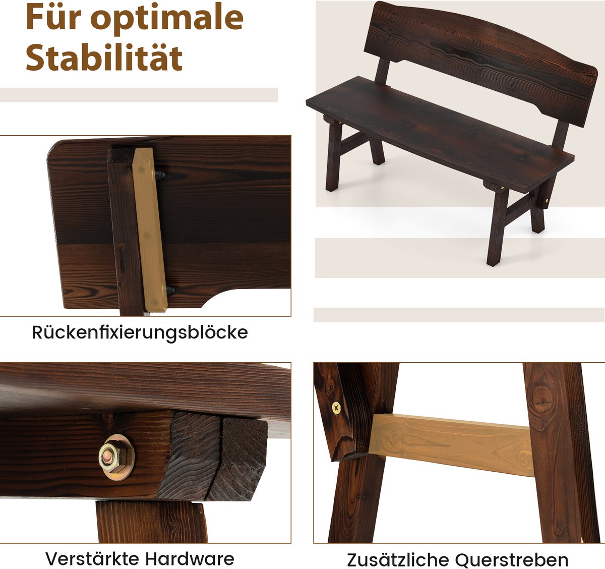 Tuinbank, weerbestendig, zitbank met rugleuning, houten bank voor 2-zits, belastbaar tot 325 kg, terrasbank van hout, parkbank voor tuin, balkon, terras, 120 x 51 x 78 cm