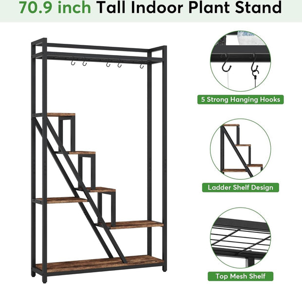 Plantenrek - Plantenstandaard - Plantenrek voor Binnen en Buiten - Plantenrek met 7 Niveaus en 5 S-haken - Bruin Zwart - 105 x 30 x 180 cm