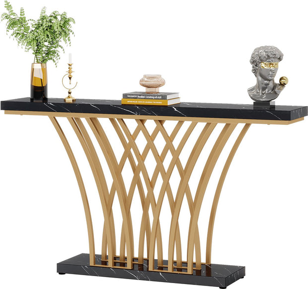Console Tafel – Bijzettafel – Sidetable Modern - met Metalen Basis in Roostervorm – Metalen Frame – Zwart Goud – 150 x 30 x 80 cm