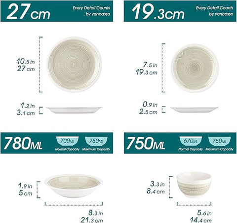 Luxe Serviesset – 16 Delig – 4 Persoons – Keramiek - Bordenset – Dinnerplaten – Dessertborden - Kommen - Pastakom - Beige