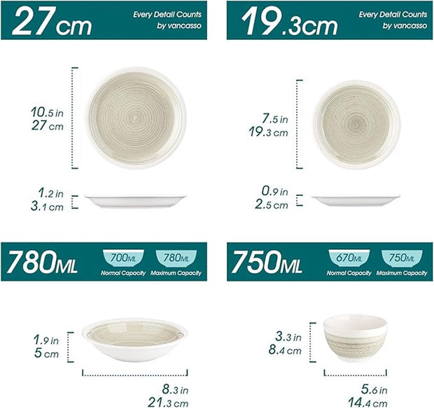 Luxe Serviesset – 16 Delig – 4 Persoons – Keramiek - Bordenset – Dinnerplaten – Dessertborden - Kommen - Pastakom - Beige