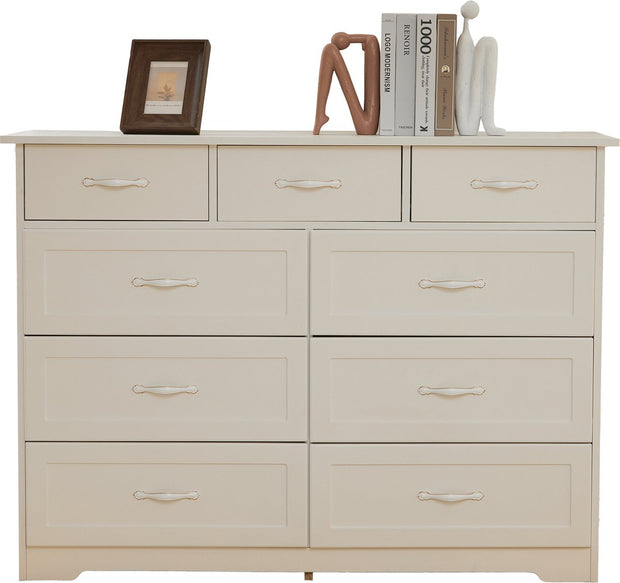 Witte Ladekast met 9 Lades – Grote Opbergkast 120x40x88 cm – Gelakt Halmeubel met Golvend Design en Slagvaste Hoeken – Voor Woonkamer, Badkamer of Slaapkamer