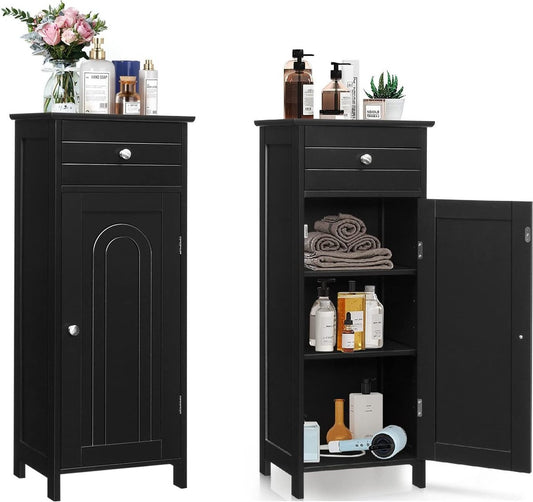 Badkamerkast, badkamerkast met lade en 3 legplanken, vloerkast, toiletkast, compact en ruimtebesparend, staande kast, midi-kast vloerstaand, badkamercommode 35,5 x 30,5 x 88 cm (zwart)