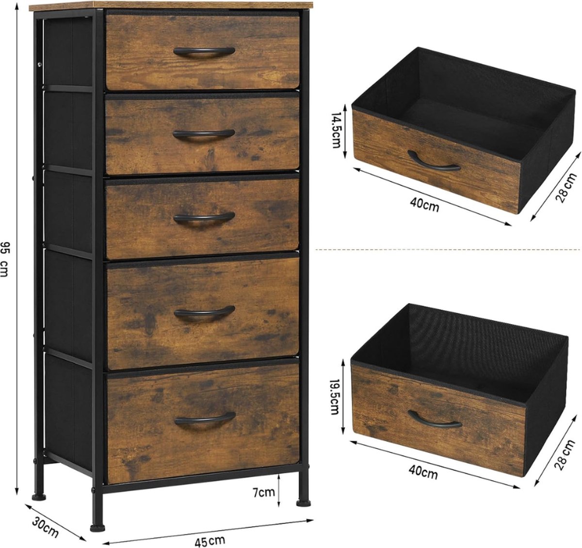 Ladekast - Ladenkastje - Ladenkast - Ladekastje - Ladekasten Slaapkamer - Commode - 45x95x30 Cm - Hout & Stof