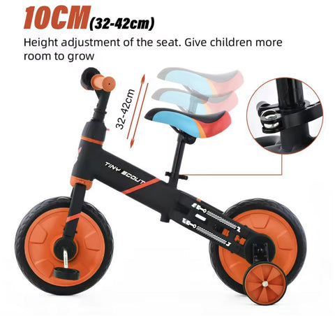 Loopfiets - Kinderfiets - Kleuterfiets - Peuterfiets - 4in1 kinderfiets - Afneembare trappers - Afneembare zijwieltjes - Verstelbaar zadel - Oranje - Zwart