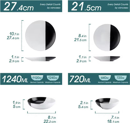 Dinnerware set white/black - Ceramic - 12 large plates - 12 small plates - 12 deep plates - 12 bowls - 48 pieces - White - Black