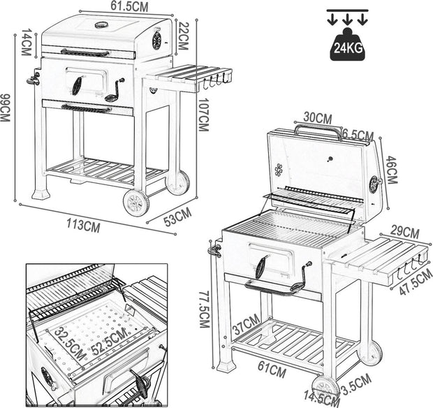 Bbq - Barbecue - Bbq houtskool - Houtskool grill - Bbq met deksel - Hoogte verstelbare Bbq - Bbq staand met wielen - Zwart
