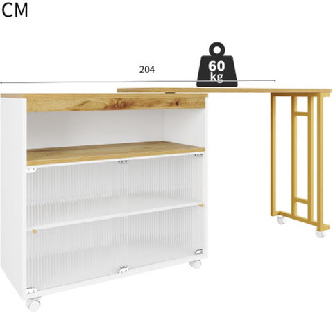 Uitschuifbare Bartafel met Opbergruimte - Moderne Verplaatsbare Bartafel - Telescopische Bartafel met LED - Bartafel - Bistrotafel - Hoge Tafel - Kookeiland - Bistrotafel - (138-204×39×105cm) - Wit & Goud